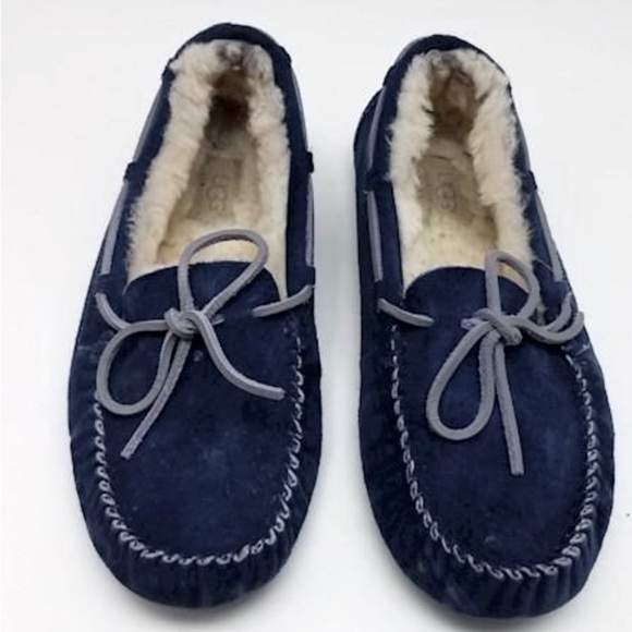 UGG Blue Suede Sherpa Fleece Lined Rubber Sole Moccasins - Picture 1 of 5